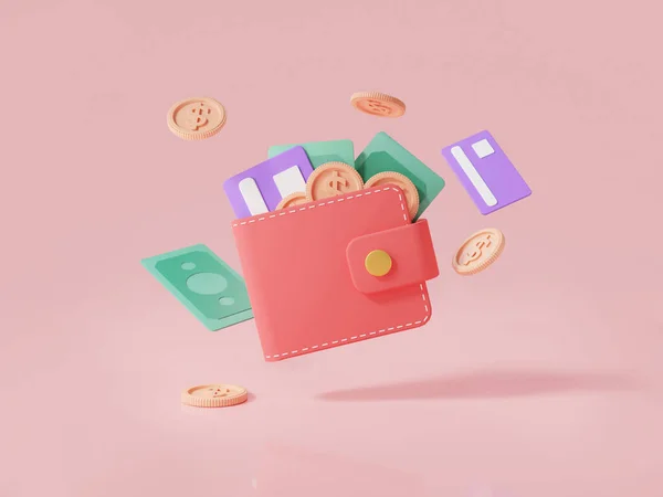 Гаманець Монети Банкноти Кредитні Картки Рожевому Фоні Онлайн Оплата Банк — стокове фото
