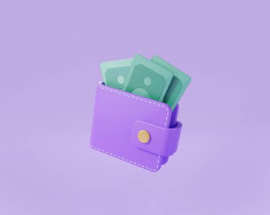 Mor arka planda cüzdan ve banknotlar, tasarruf konsepti. Online ödeme. Para transferi, iş finansmanı, yatırım, nakit para, cüzdan, nakit para. 3d simgesi en az stlye canlandırması
