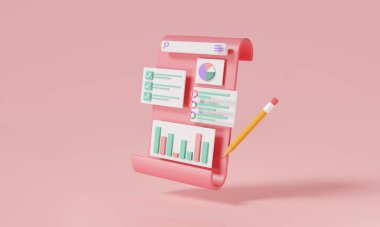 Veri analizi, SEO optimizasyonu, gösterge paneli ve iş mali raporları içeren pano kağıdı. Grafik analizleri, optimizasyon pazarlaması. Pembe arkaplanda 3D simge çizimi