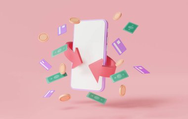 Cep telefonunda kredi kartı, banknot ve para içeren çevrimiçi nakit para ikonu, çevrimiçi para çevrimiçi ödeme, finansal tasarruflar, para transferi. 3d resimleme, en düşük biçim