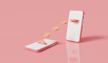 Pembe arka planda cep telefonundan para transferi. Çevrimiçi para, çevrimiçi ödeme, mali tasarruflar, iş finansmanı, mobil bankacılık. İnternet sitesi, afiş. Para transferi konsepti. 3d simge görüntüleme 