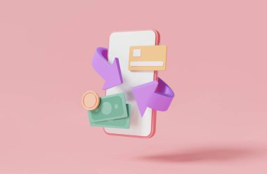 Cep telefonu uygulamasında kredi kartı, banknot ve madeni para, çevrimiçi para, çevrimiçi ödeme, mali tasarruflar, para transferi gibi çevrimiçi nakit para ikonu. 3d resimleme