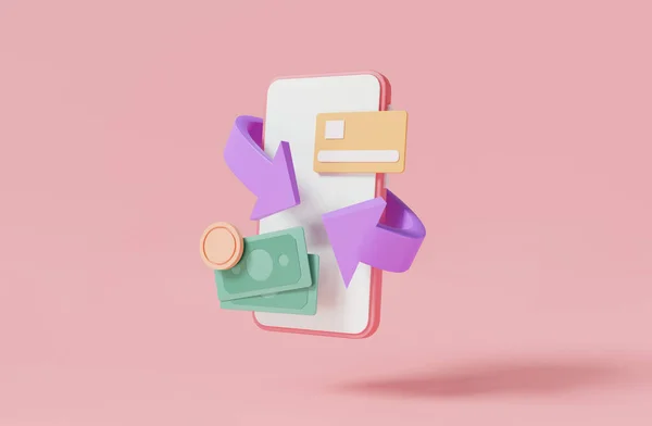 Cep telefonu uygulamasında kredi kartı, banknot ve madeni para, çevrimiçi para, çevrimiçi ödeme, mali tasarruflar, para transferi gibi çevrimiçi nakit para ikonu. 3d resimleme