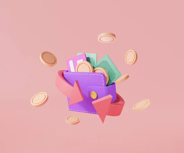 3 boyutlu cüzdan ve nakit para ikonu konsepti. Online ödeme. Nakit para, para iadesi, para transferi. Cüzdan, kredi kartı, para ve banknot pembe arka planda. 3d resimleme, en düşük biçim