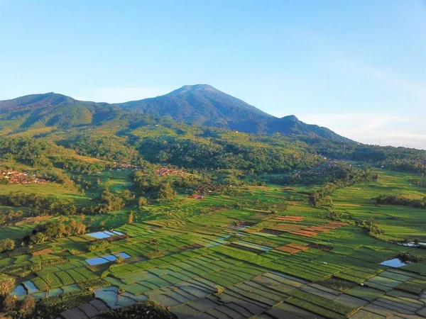 山の中の水田の美しい空中ビュー 西ジャワ州 インドネシア — ストック写真