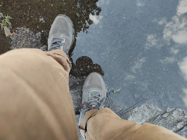 Feet Man Standing Puddle Rain Afternoon — Stock Photo, Image