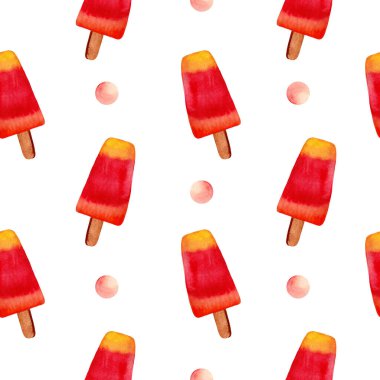Kusursuz desenli suluboya dondurma çubuğu. Yaz tatlısı arka planında elle boyanmış.