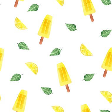 Kusursuz desenli suluboya dondurma çubuğu. Yaz tatlısı arka planında elle boyanmış.