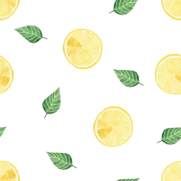 Seamless Pattern Watercolor Lemons Leaves Hand Painted Summer Background — ストック写真