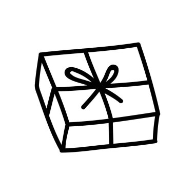Tek el çizilmiş hediye kutusu. Doodle vektör çizimi. Beyaz bir arkaplanda izole edilmiş.