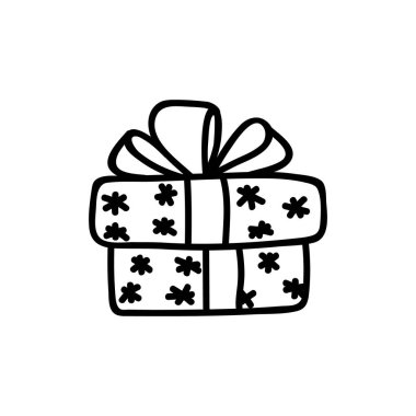 Tek elle çizilmiş Noel hediyesi kutusu. Doodle vektör çizimi. Beyaz bir arkaplanda izole edilmiş.