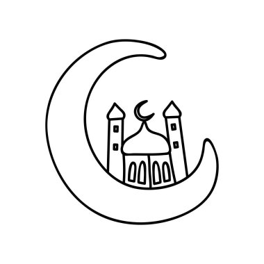 Ay 'daki cami. Doodle vektör çizimi. Ramazan Kareem