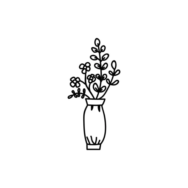陶瓷花瓶中的小花和枝条在白色背景下隔离开来 矢量手绘插图的涂鸦风格 完美的卡片 装饰品 — 图库矢量图片