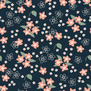 Küçük, soyut çiçeklerdeki güzel çiçek desenleri. Ditsy parmak izi. Çiçeksiz arka plan. Moda baskıları için klasik şablon.