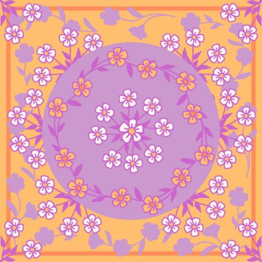 Alışılmadık bir atkı çiçek izi. Eşarp izi, tekstil, yüzey, kapaklar, hatıra defteri, dekupaj için güzel bir arka plan. Modern tarz millefleurlar. Ev yapımı, bandana, pareo tasarımı