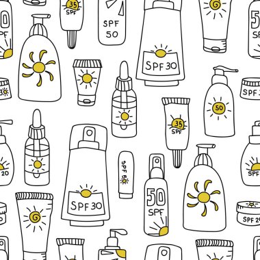 Güneş kremli şişelerle kusursuz desen. Tekstil, duvar kâğıdı, kapak, yüzey baskısı. Retro stil. Moda kumaşı için.