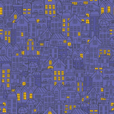 Gece kenti kusursuz desen. Tekstil, kapak ve yüzey için baskı. Moda kumaşı için. Gece şehir deseni