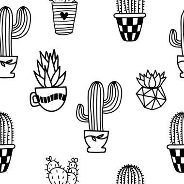 Kaktüslerle kusursuz desen. Tekstil, duvar kâğıdı, kapak, yüzey baskısı. Moda kumaşı için. Moda baskıları için klasik şablon.