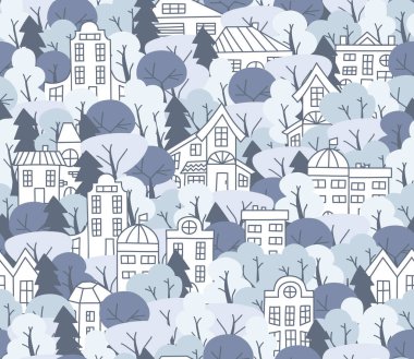 Seamless pattern with simple bright houses and trees. Winter time background.