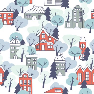 Seamless pattern with simple bright houses and trees. Winter time background.
