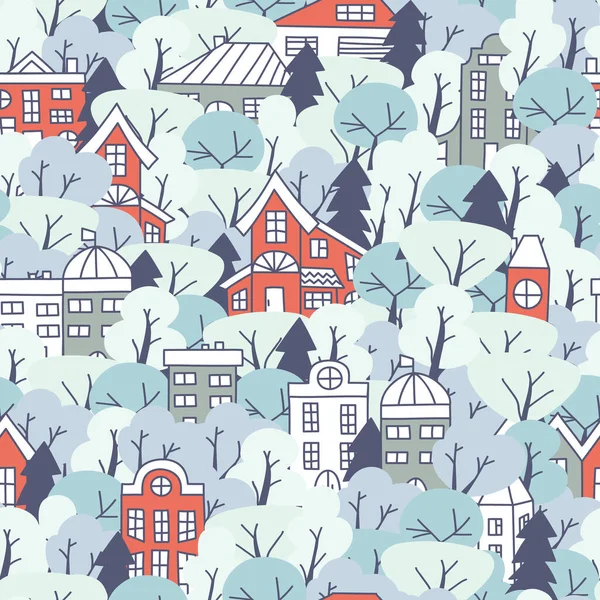 Seamless pattern with simple bright houses and trees. Winter time background.