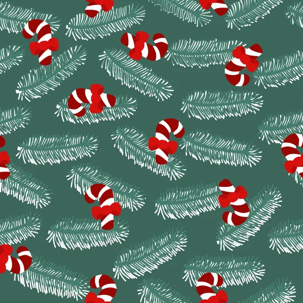 Festive Seamless Pattern Christmas Tree Branches Lollipops Liberty Style Holiday — Vetor de Stock