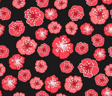 Hoş kırmızı çiçekleri olan kusursuz dekoratif zarif desen. Tekstil, duvar kâğıdı, kapak, yüzey baskısı. Retro stil. Moda kumaşı için.