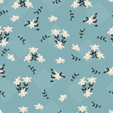 Seamless decorative pattern with little white flowers. Print for textile, wallpaper, covers, surface. Modern style millefleurs.