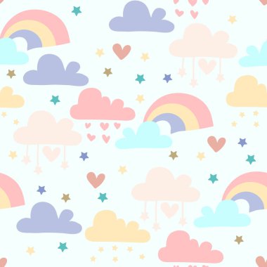 Seamless pattern with rainbows and clouds. Print for textile, covers, surface. For fashion fabric. Baby print
