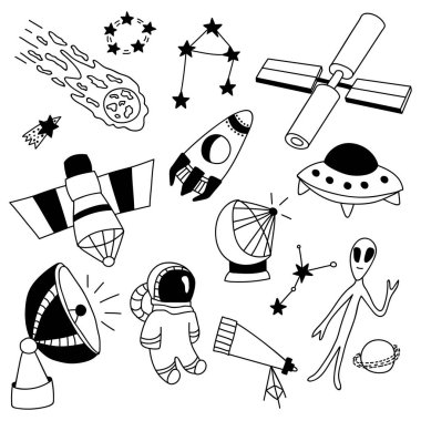 Set of hand drawn space elements. Doodle vector illustration. Isolated on a white background. Alien, stars, rocket, planets