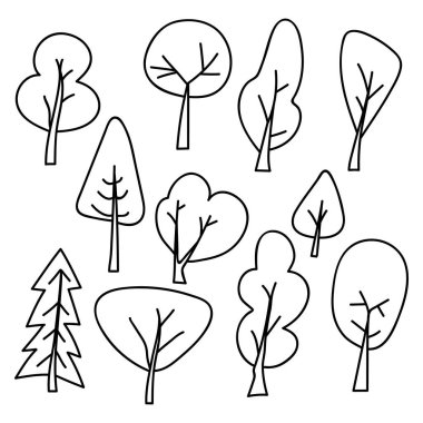 Set of hand drawn trees. Doodle vector illustration. Isolated on a white background.