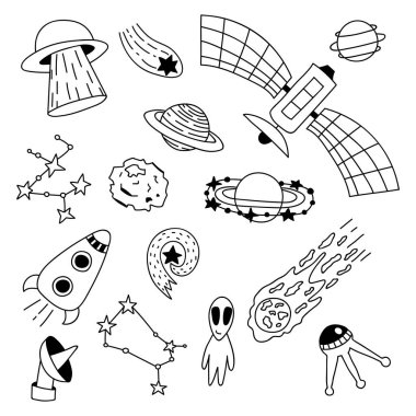 Set of hand drawn space elements. Doodle vector illustration. Isolated on a white background. Alien, stars, rocket, planets
