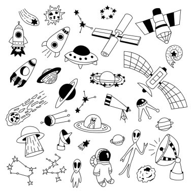 Set of hand drawn space elements. Doodle vector illustration. Isolated on a white background. Alien, stars, rocket, planets