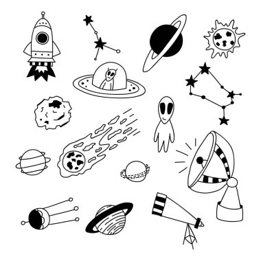 Set of hand drawn space elements. Doodle vector illustration. Isolated on a white background. Alien, stars, rocket, planets