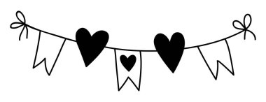Hand drawn garland of flags and hearts. Doodle vector illustration. Isolated on a white background.