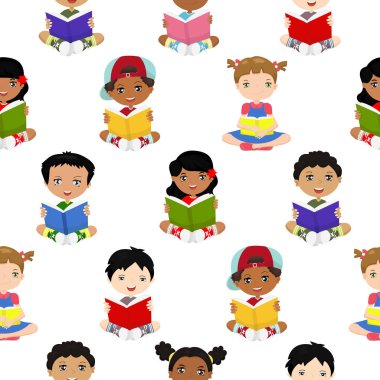 Seamless pattern with children of different ethnicities and races who read books. Print for textile, wallpaper, covers, surface. For fashion fabric. Baby print