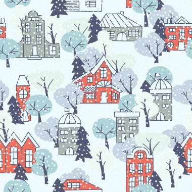 Seamless snow pattern with simple bright houses and trees. Winter time background.