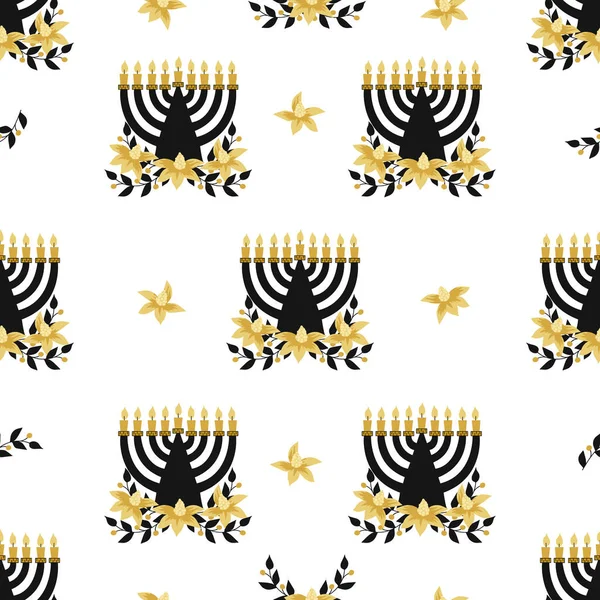Patrón Sin Costuras Hanukkah Con Menorah Flores Perfecto Para Envolver — Archivo Imágenes Vectoriales