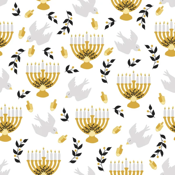 Hanukkah Padrão Sem Costura Com Pássaros Menorahs Dreidel Perfeito Para — Vetor de Stock