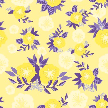 Hoş sarı çiçekleri olan kusursuz dekoratif zarif desen. Tekstil, duvar kâğıdı, kapak, yüzey baskısı. Retro stil. Moda kumaşı için.
