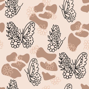 Papatyalar ve kelebeklerle kusursuz tropikal desen. Tekstil, duvar kâğıdı, kapak, yüzey baskısı. Moda kumaşı için.