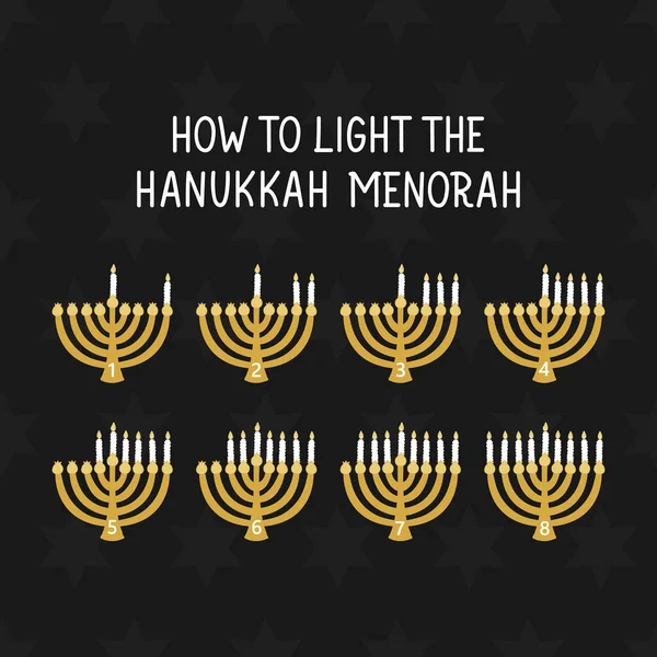 How to light the Hanukkah menorah. Holidays lettering. Ink illustration. Vector illustration.