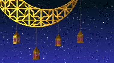 Ramadan candle lanterns are hanging on crescent. Night sky background with glowing stars