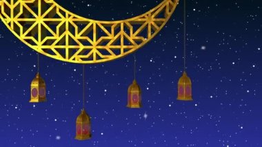 Ramadan candle lanterns are hanging on crescent. Night sky background with glowing stars