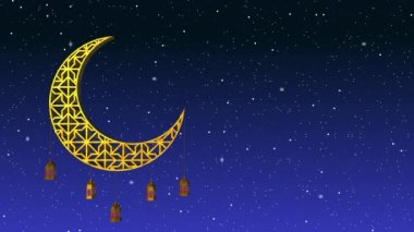 Ramadan candle lanterns are hanging on crescent. Night sky background with glowing stars