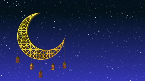Ramadan Candle Lanterns Hanging Crescent Night Sky Background Glowing Stars — Vídeos de Stock