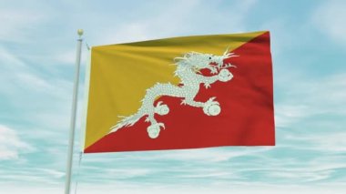 Mavi gökyüzü arka planında Bhutan bayrağının kusursuz döngü animasyonu.