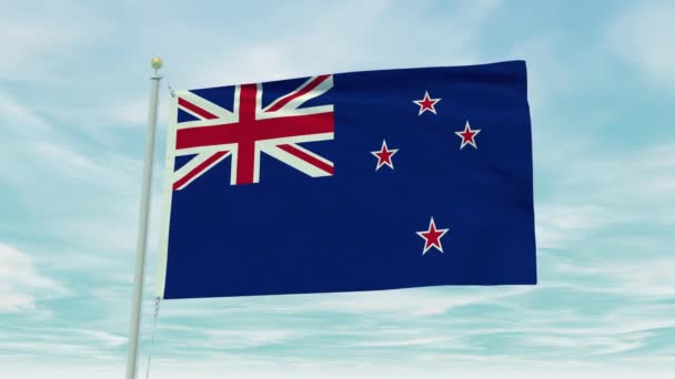 Mavi Gökyüzü Arka Planında Yeni Zelanda Bayrağının Kusursuz Döngü Animasyonu — Stok video