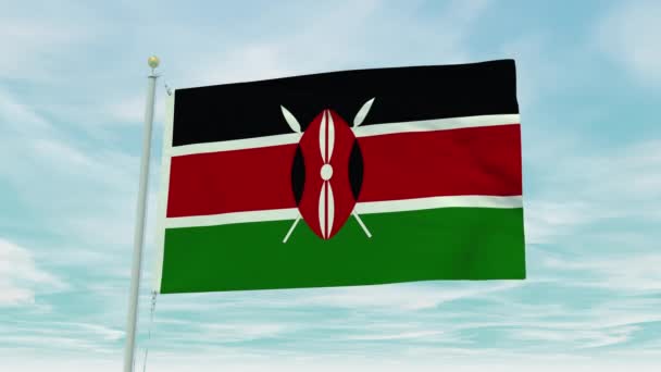 Bezproblémová Smyčka Animace Keňské Vlajky Pozadí Modré Oblohy — Stock video