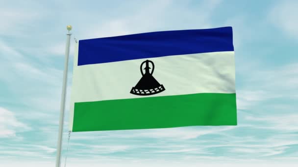 Sömlös Loop Animation Lesotho Flaggan Blå Himmel Bakgrund — Stockvideo